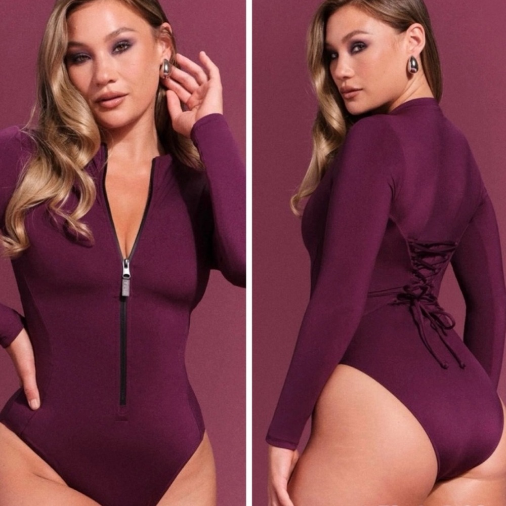 Ta3 surfy Long Sleeve burgandy One Piece sexy Swimsuit medium short